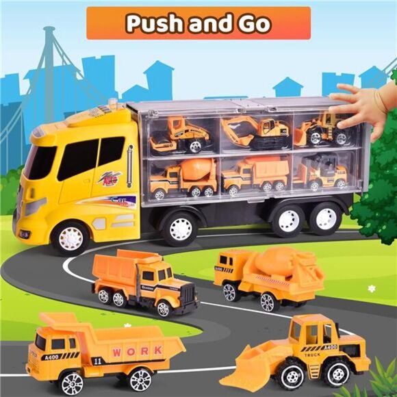 12 in 1 Construction Truck Toys Set for Toddlers, Carrier Truck with 12 Mini Car - Picture 3 of 7